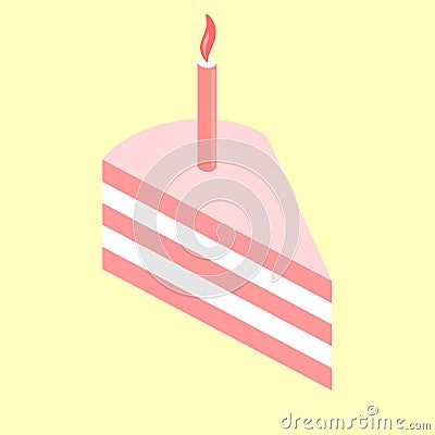 A piece of pink cake with a birthday candle. Vector graphics. Isometry. Vector Illustration